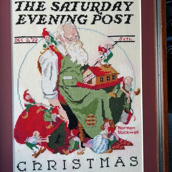 Norman Rockwell The Saturday Evening Post Christmas Handmade Framed Needlepoint